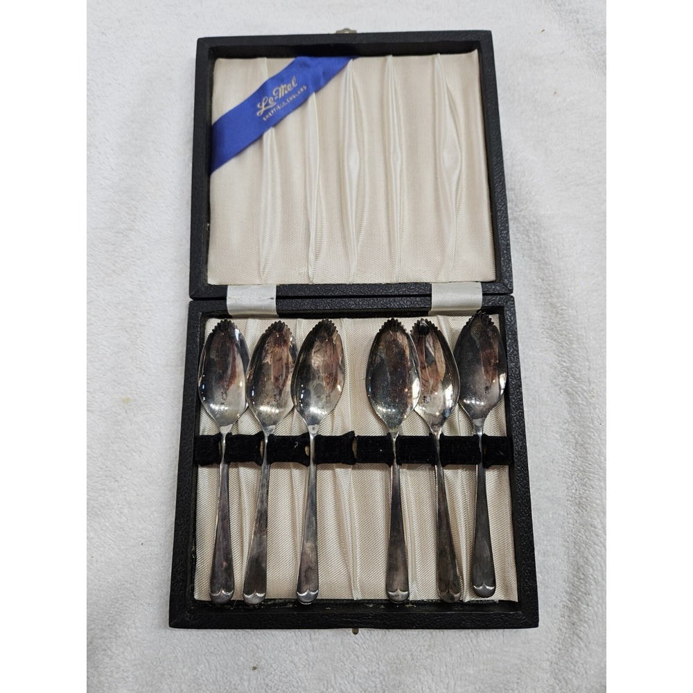 LE-MEL Sheffield England Silver Plate Grapefruit Spoons (6) in the Original Box